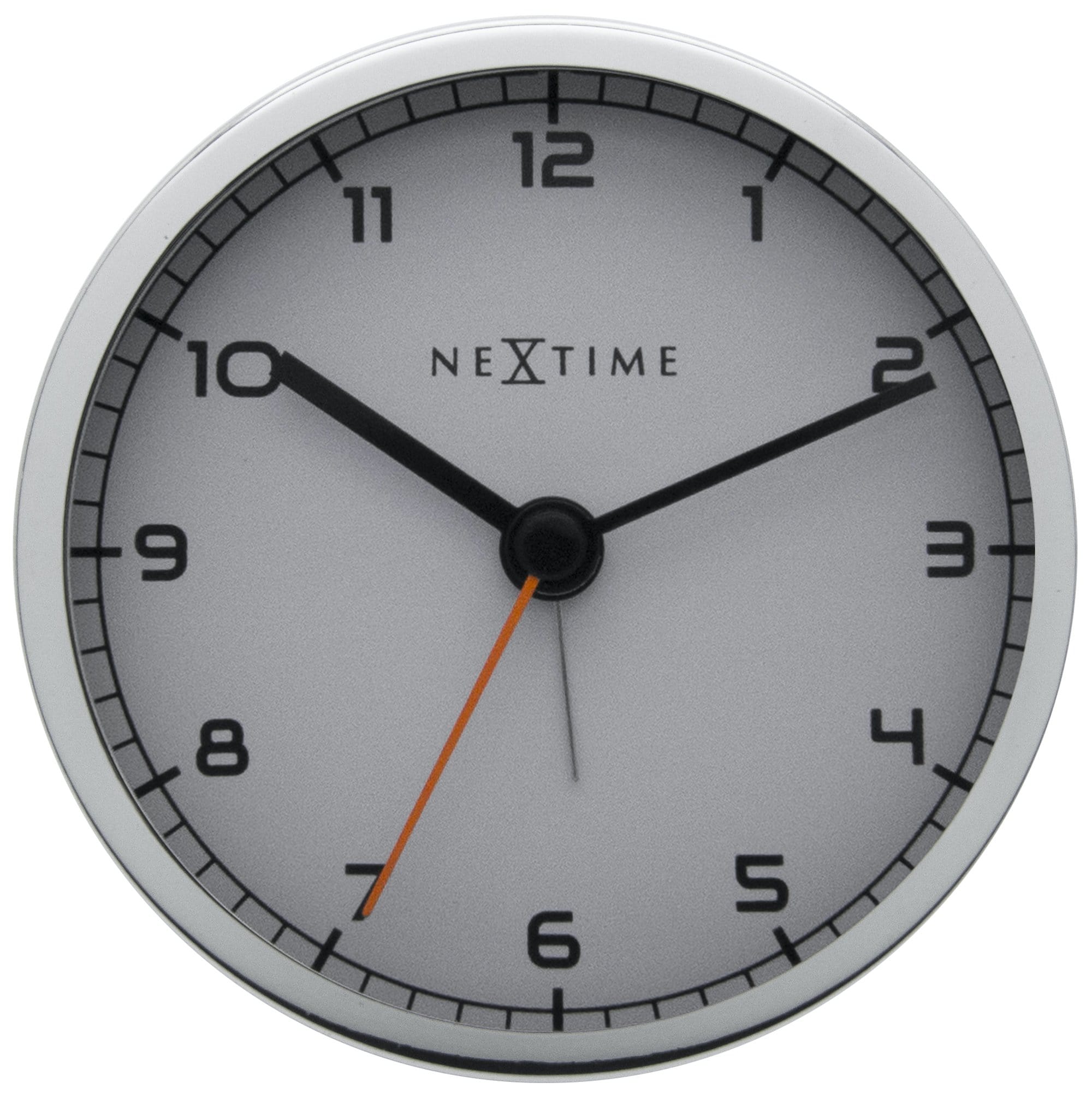NeXtime Clocks metal alarm clock measuring 9x9x7.5 cm with a modern design, labeled 'Company Alarm' on the front.